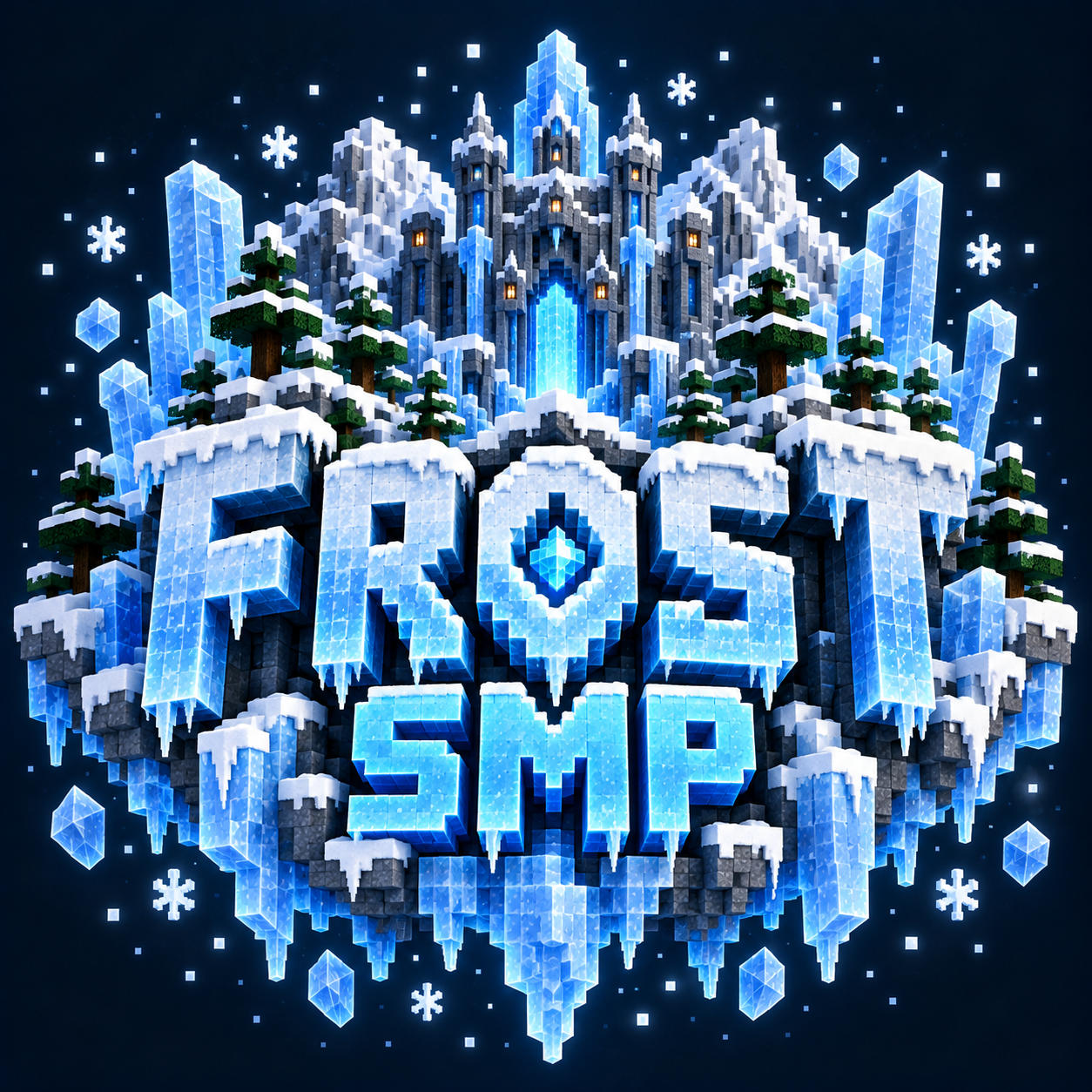 Frost SMP logo carved into a floating ice fortress surrounded by snowflakes